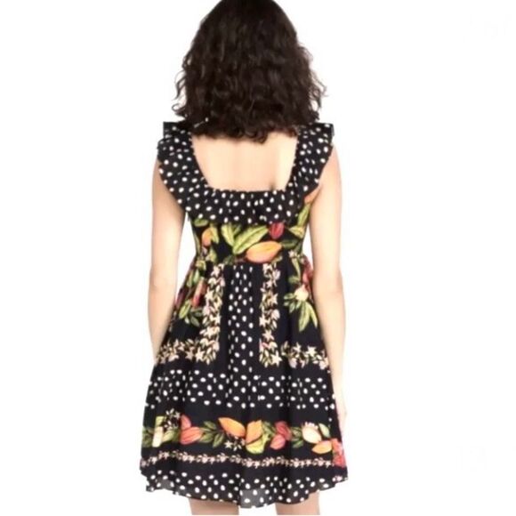 NEW FARM Rio Cocoa Paradise Mini Dress Tropical Polka Dot Ruffle Black Size XL - Picture 5 of 16